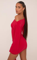 Long Flared Sleeve Drape Detail Mini Bodycon Dress In Red Slinky