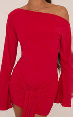 Long Flared Sleeve Drape Detail Mini Bodycon Dress In Red Slinky