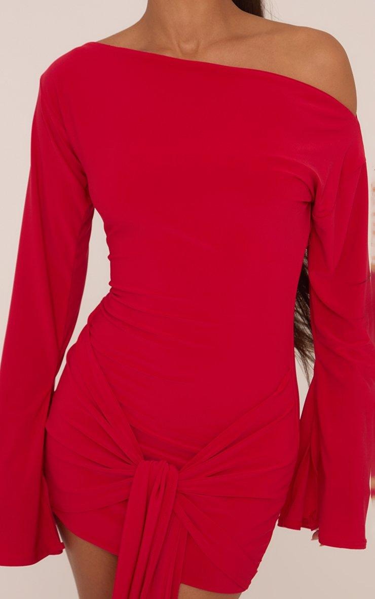 Long Flared Sleeve Drape Detail Mini Bodycon Dress In Red Slinky