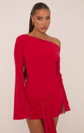 Long Flared Sleeve Drape Detail Mini Bodycon Dress In Red Slinky