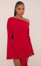 Long Flared Sleeve Drape Detail Mini Bodycon Dress In Red Slinky