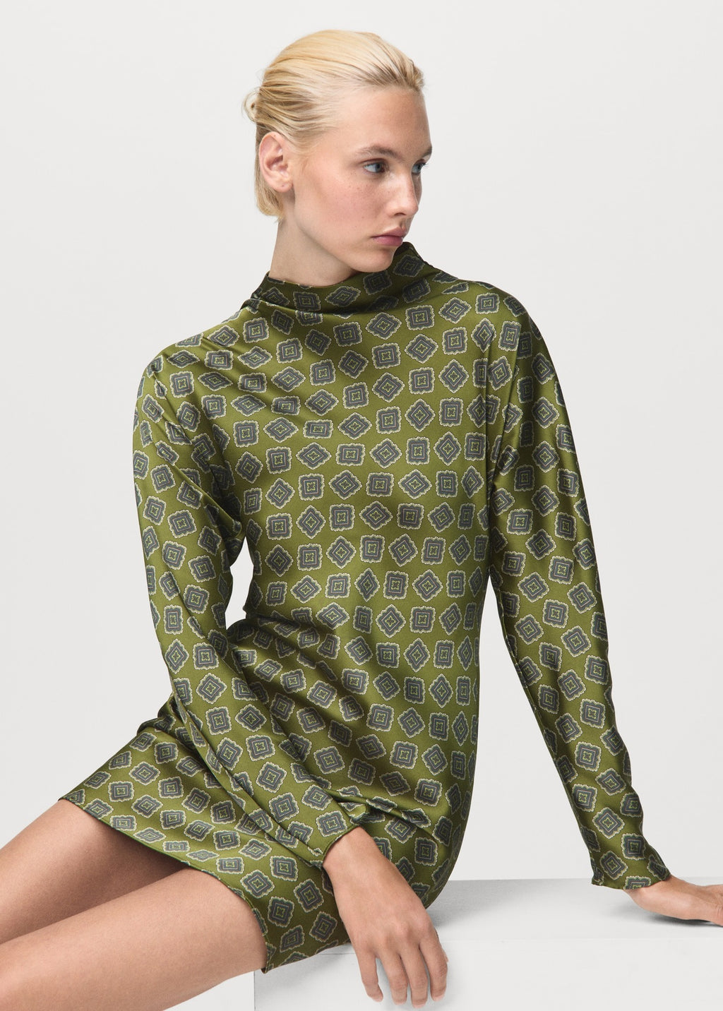 Satin Printed Mini Dress with Perkins Collar