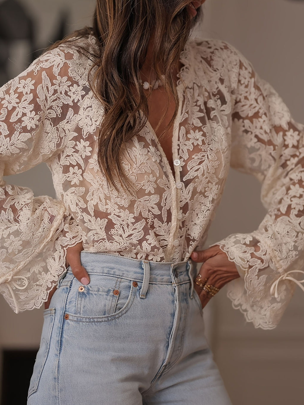 Hollow-Out Casual Lace Shirt