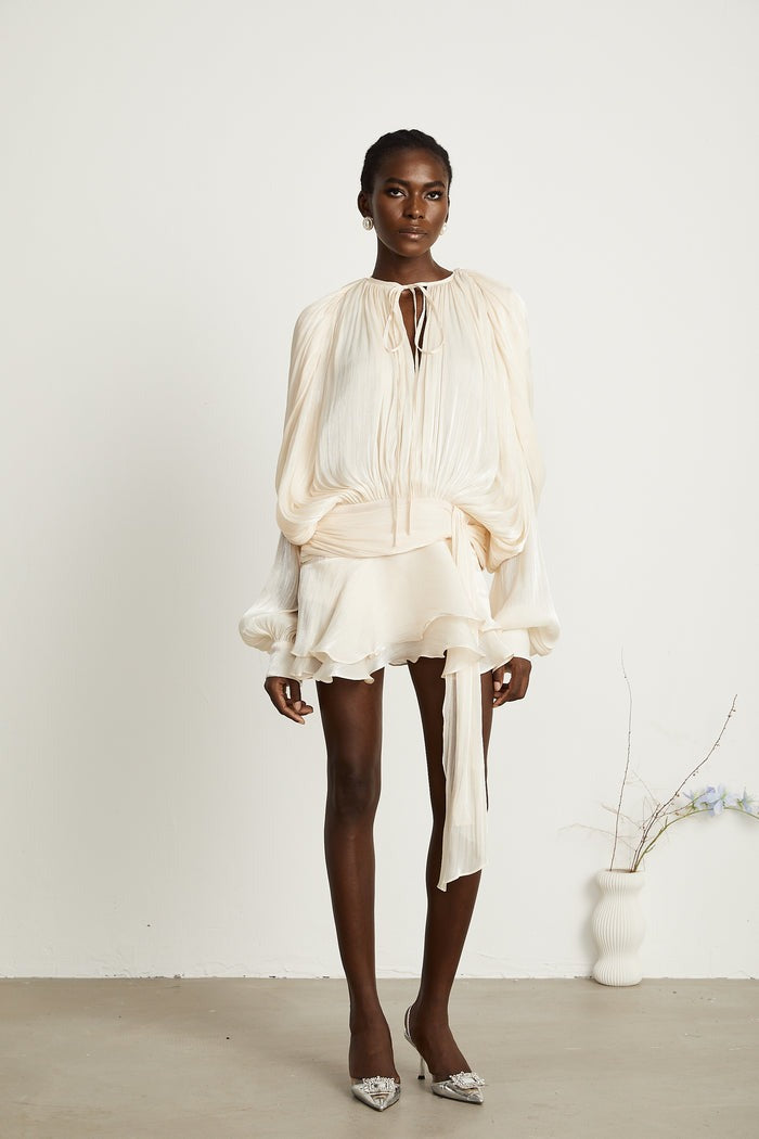 Neutral Fully Pleated Ruffled Mini Dress