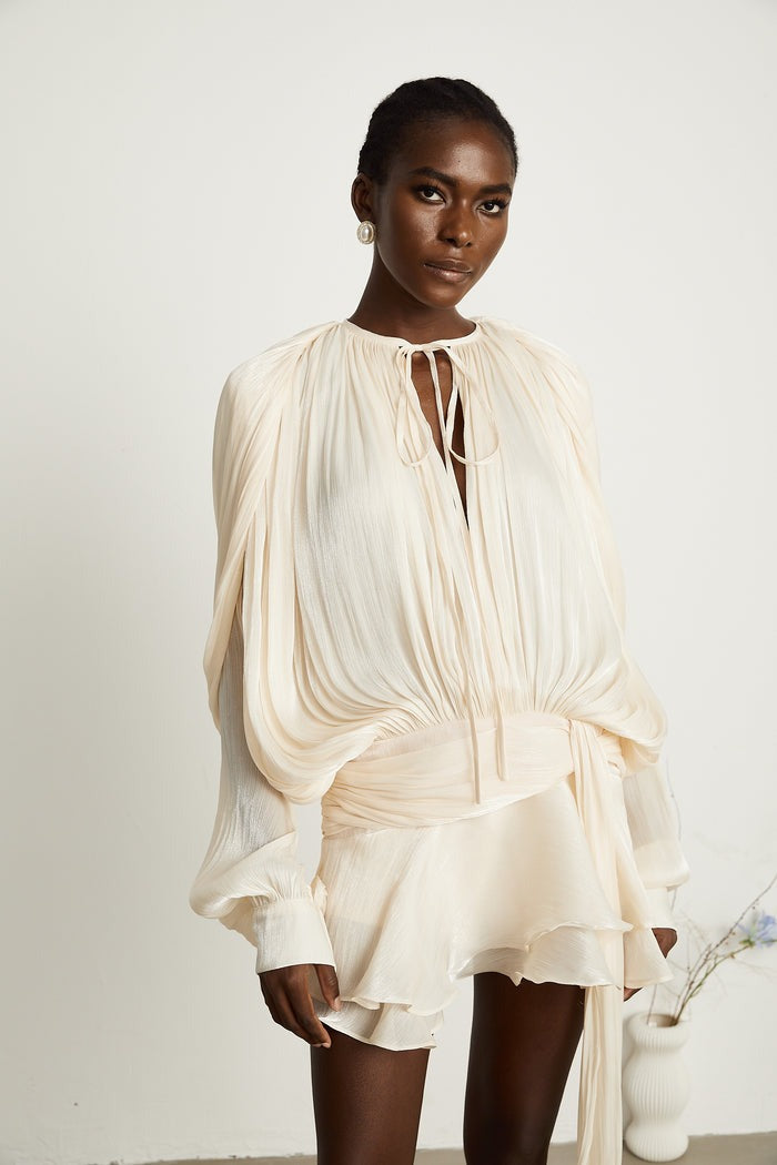 Neutral Fully Pleated Ruffled Mini Dress