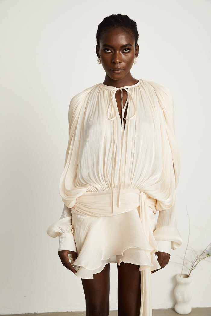 Neutral Fully Pleated Ruffled Mini Dress