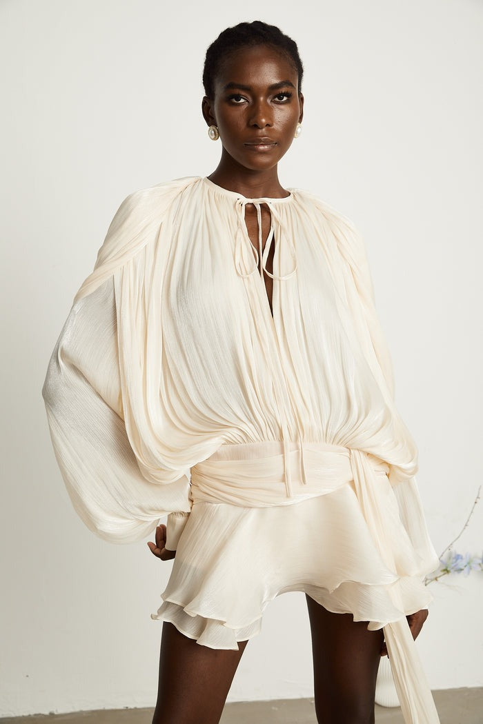 Neutral Fully Pleated Ruffled Mini Dress