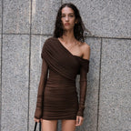 One-Shoulder Ruched Mesh Mini Dress