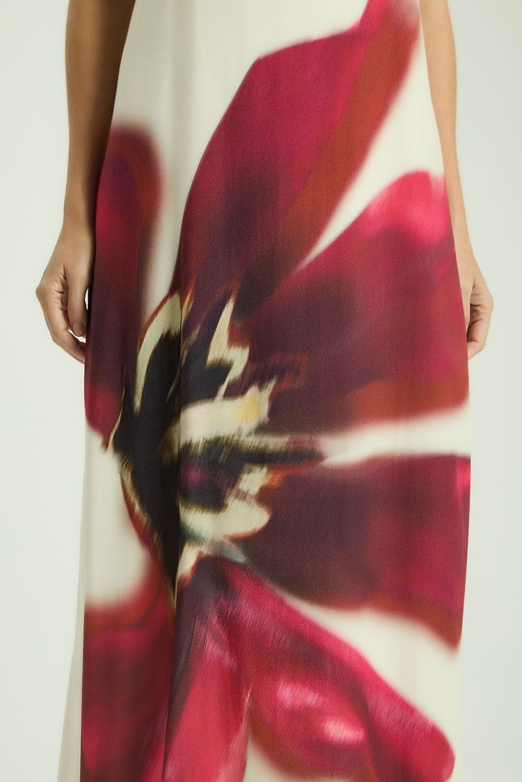 Long Straight-Neckline Maxi Dress – Localized Floral Print