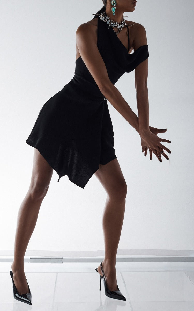 One-Shoulder Draped Crepe Mini Dress