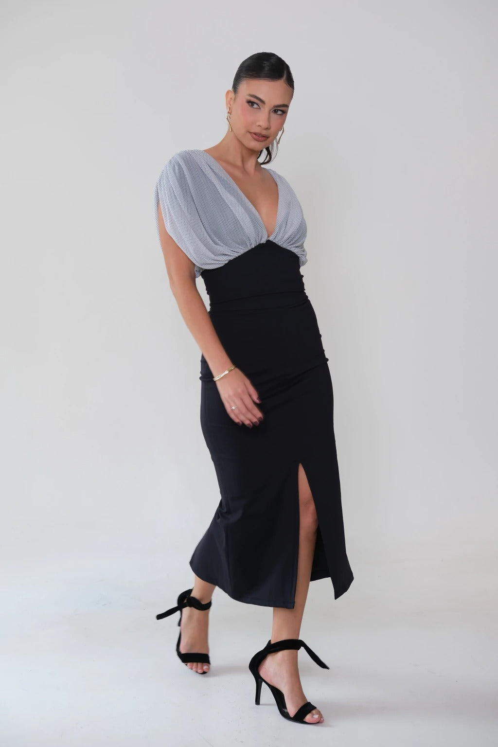 Polka Dot Blouse Midi Skirt Set