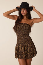 Chrissy Leopard Smocked Strapless Mini Dress