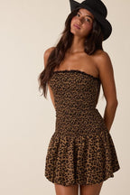 Chrissy Leopard Smocked Strapless Mini Dress