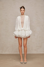 Isoline White Semi-Sheer Lace Top&Shorts&Dress Matching Set