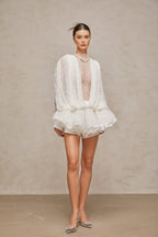 Isoline White Semi-Sheer Lace Top&Shorts&Dress Matching Set