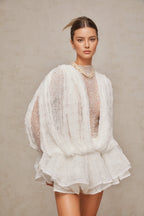 Isoline White Semi-Sheer Lace Top&Shorts&Dress Matching Set