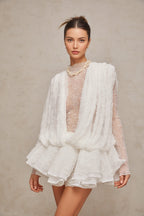Isoline White Semi-Sheer Lace Top&Shorts&Dress Matching Set