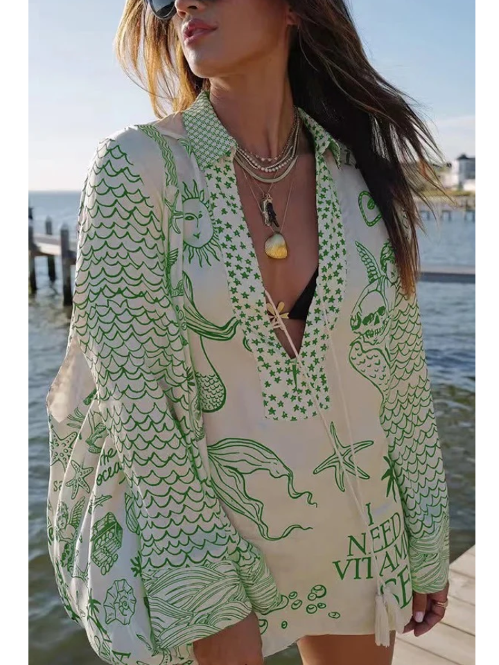 Satin Unique Print Tassle Shirt and Elastic Waist Shorts Set