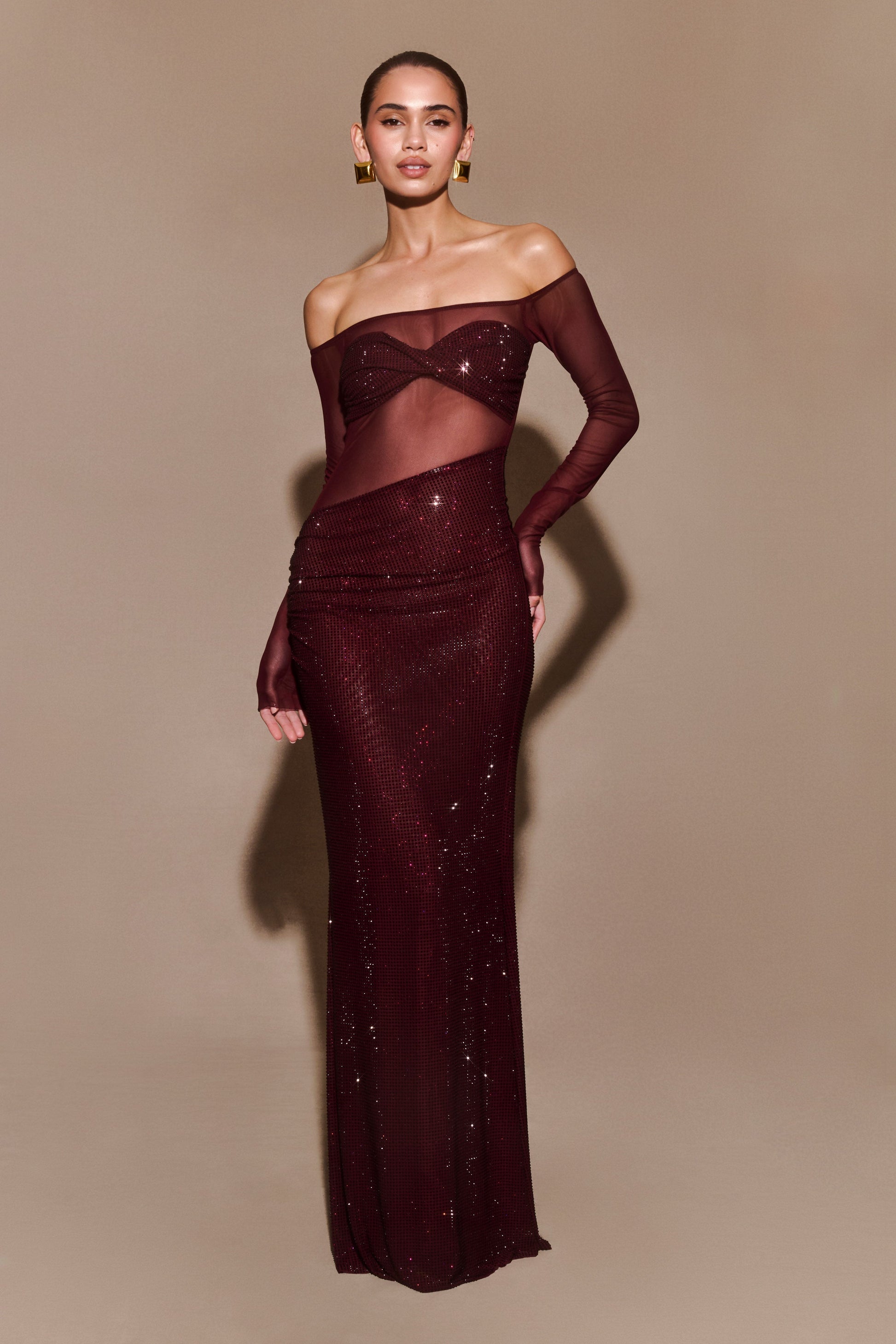 Diamante Off Shoulder Maxi Dress - Mahogany