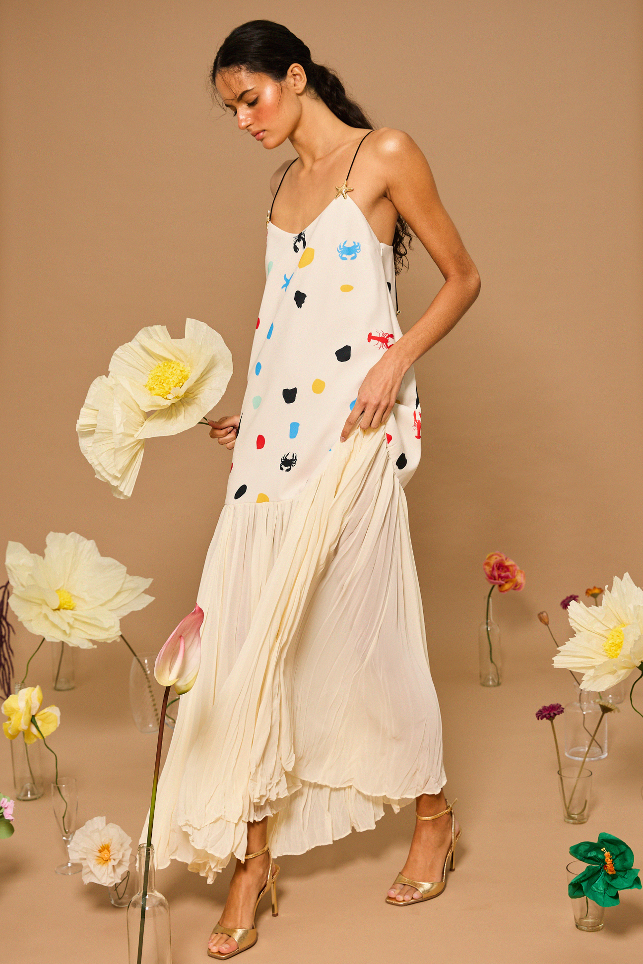 Ocean Dot Pleated Maxi Dress