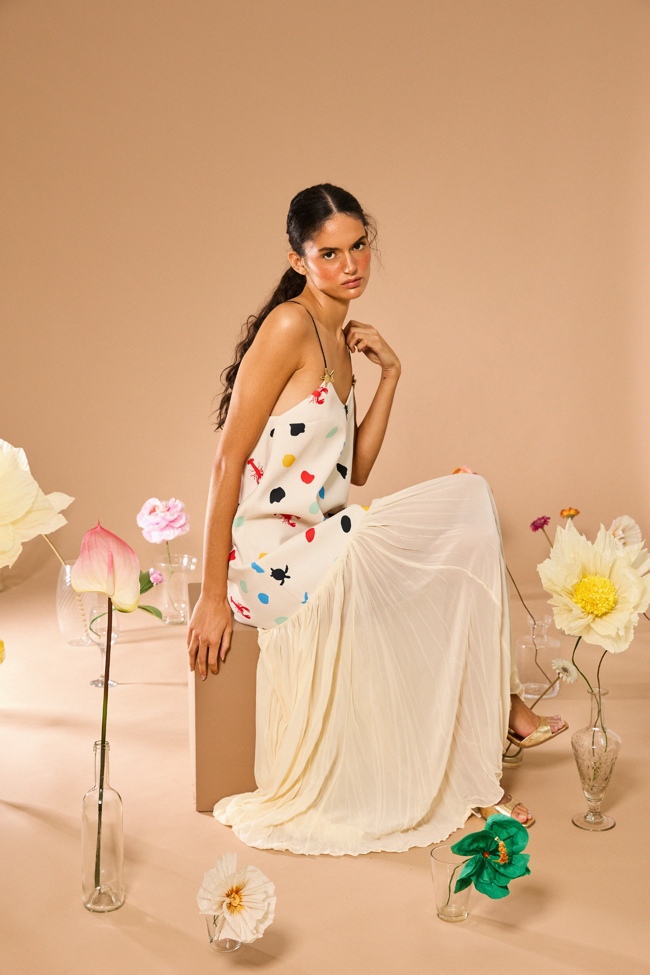 Ocean Dot Pleated Maxi Dress