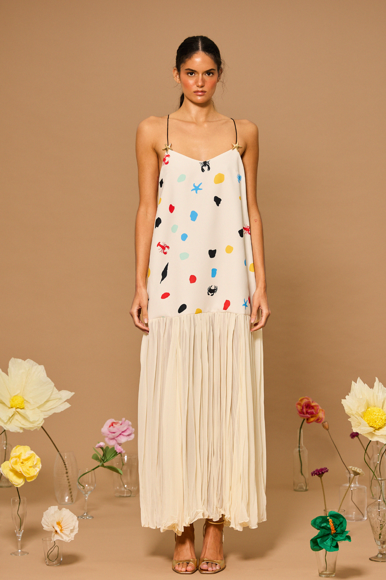 Ocean Dot Pleated Maxi Dress