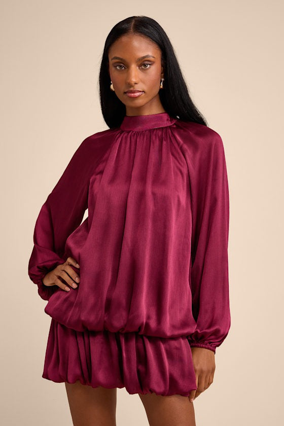 Nagaina Burgundy Satin Drop Waist Bubble-Hem Mini Dress