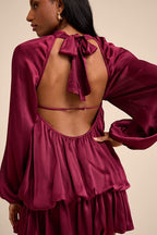 Nagaina Burgundy Satin Drop Waist Bubble-Hem Mini Dress