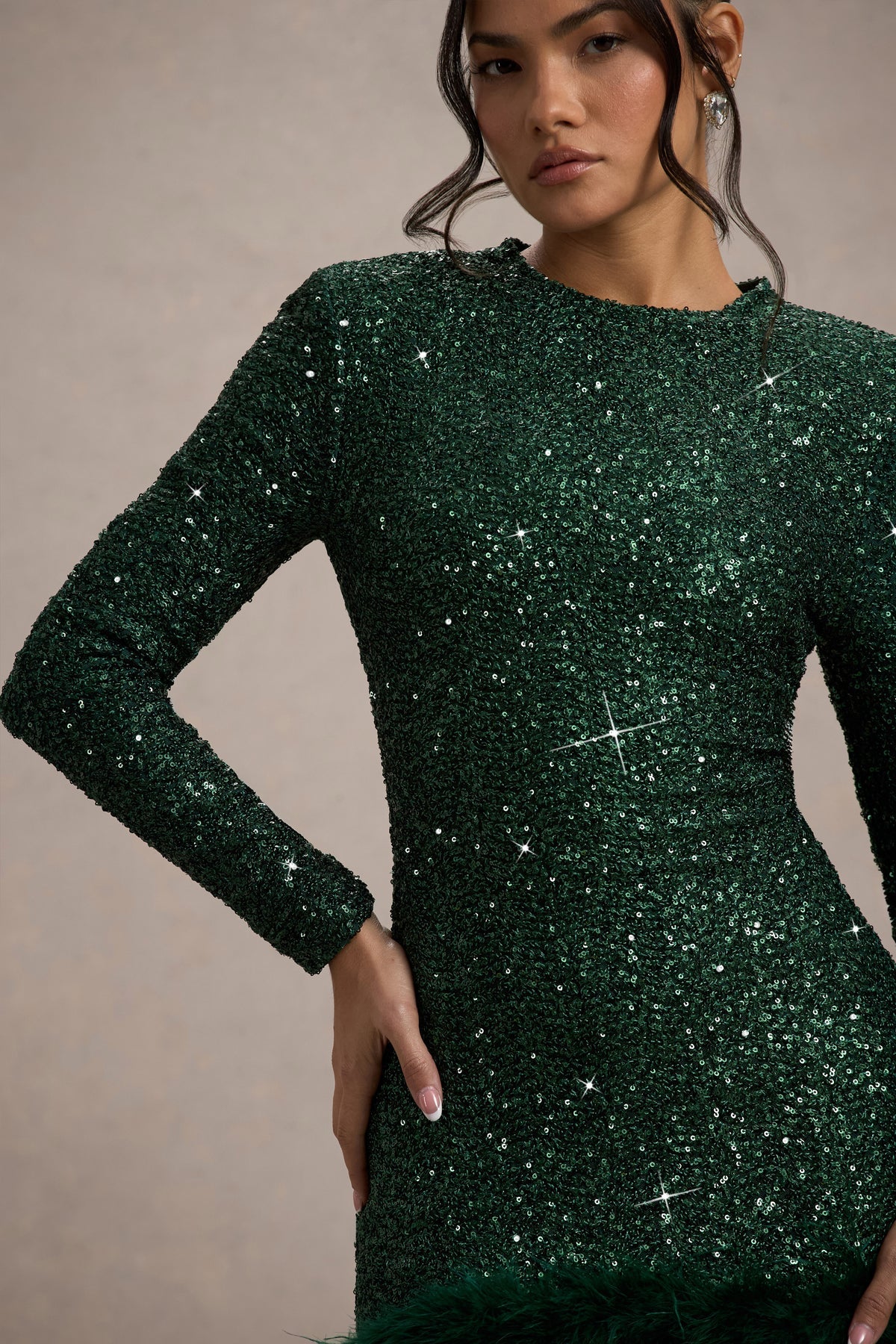 Bottle Green Sequin High Neck Feather Hem Mini Dress With Long Sleeves