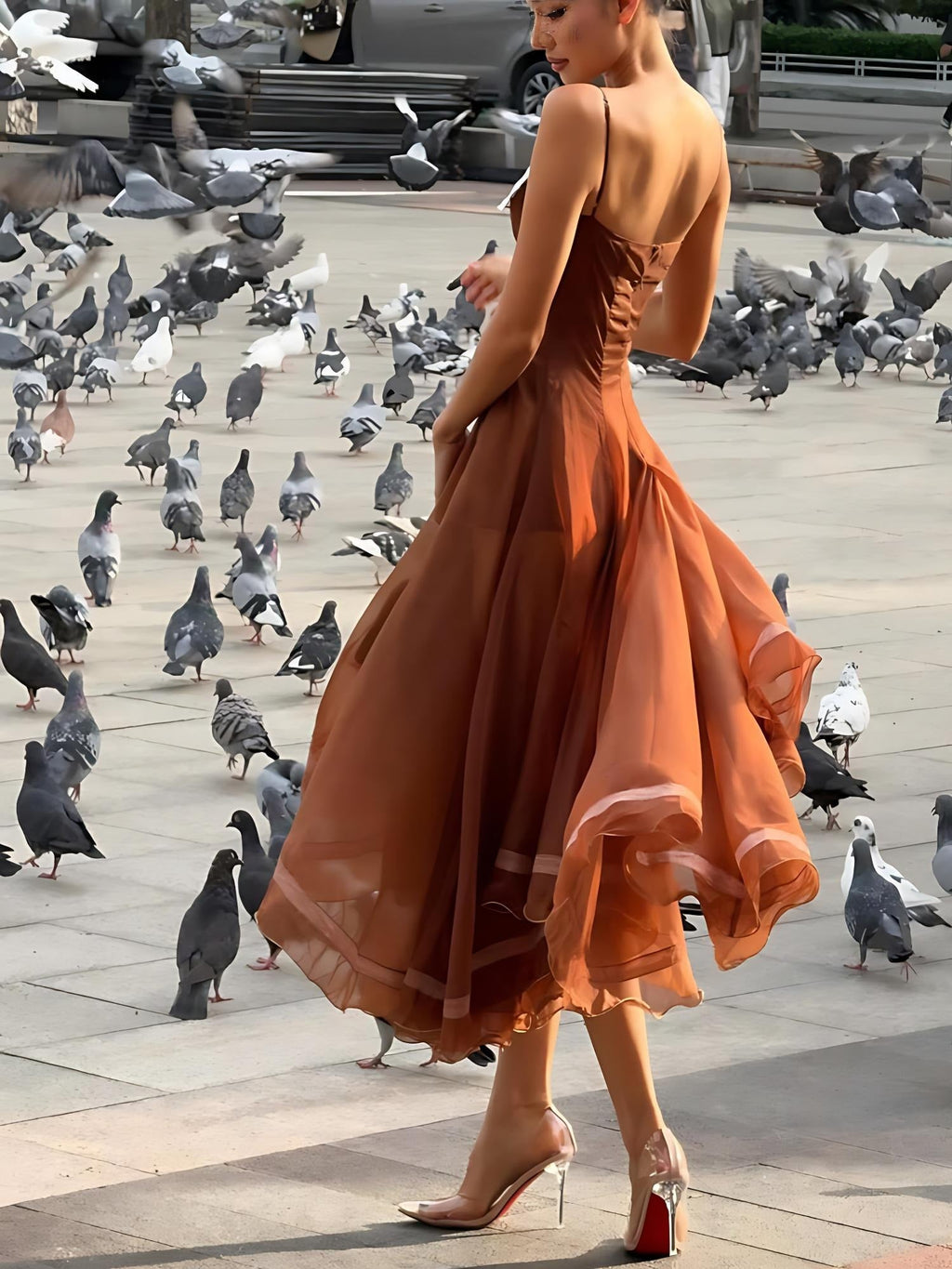 Caramel Chiffon Lace-Trim Midi Dress