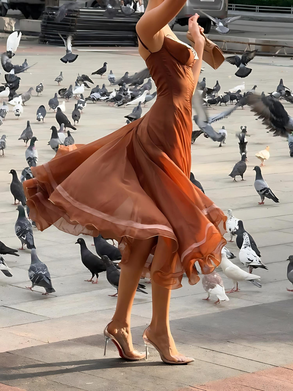 Caramel Chiffon Lace-Trim Midi Dress