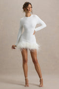 White Sequin High Neck Feather Hem Mini Dress With Long Sleeves