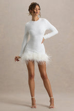 White Sequin High Neck Feather Hem Mini Dress With Long Sleeves