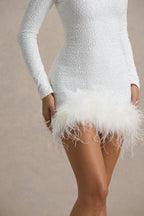 White Sequin High Neck Feather Hem Mini Dress With Long Sleeves