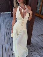 Starfish Halterneck Lace-up Deep V-neck Backless Maxi Dress