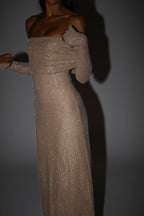 Off Shoulder Diamante Maxi Dress - Nude