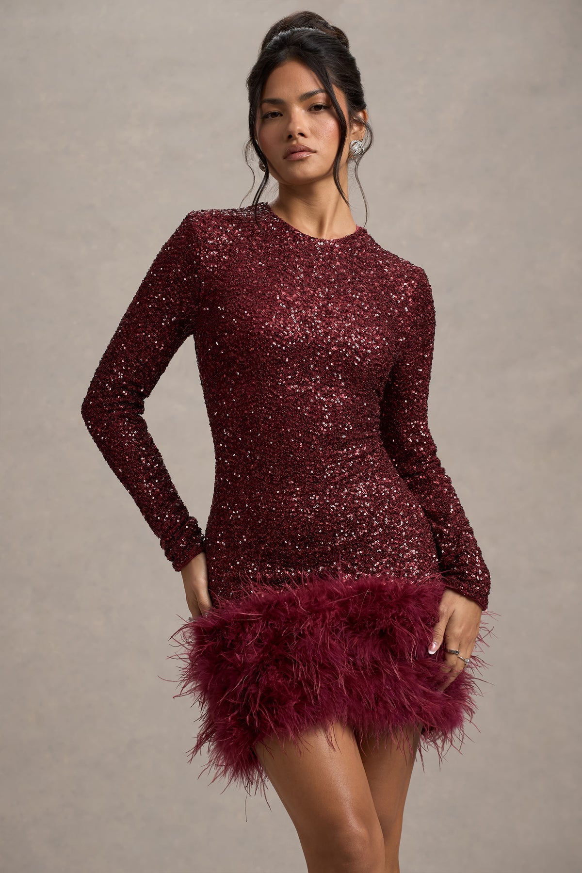 Berry Sequin High Neck Feather Hem Mini Dress With Long Sleeves