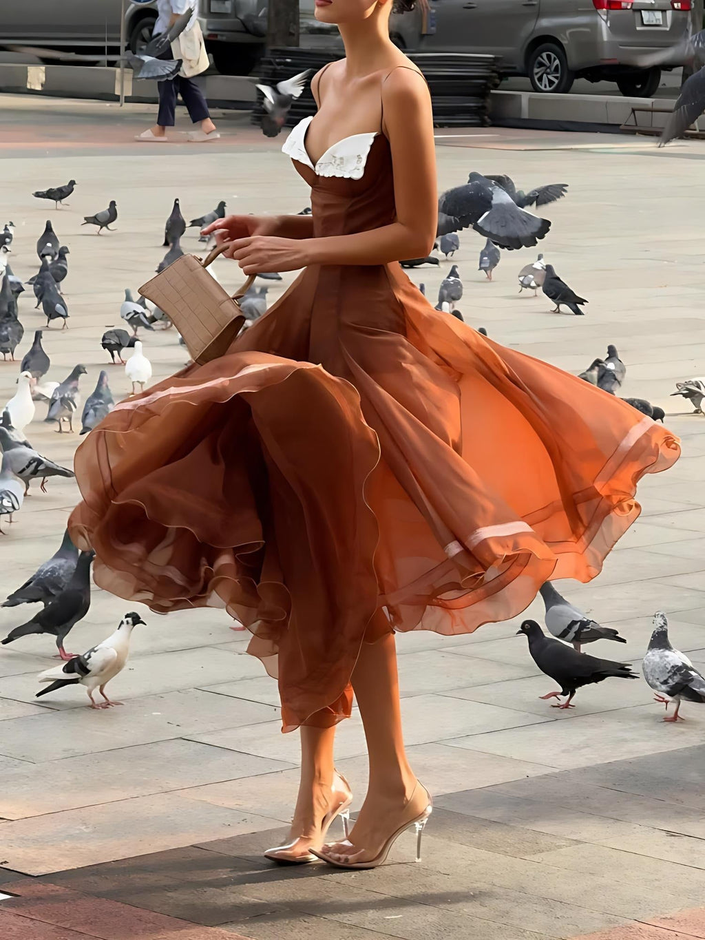 Caramel Chiffon Lace-Trim Midi Dress