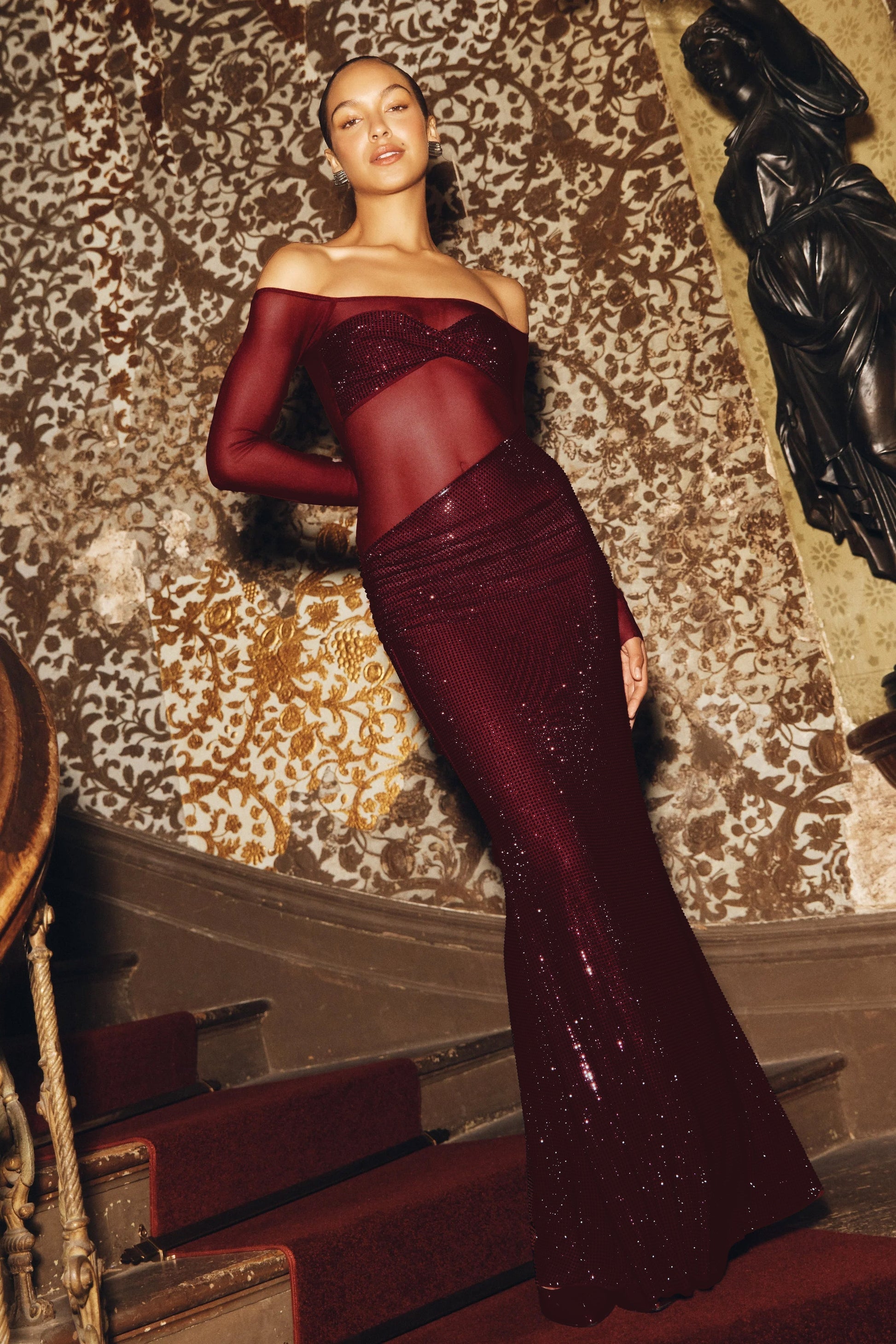 Diamante Off Shoulder Maxi Dress - Mahogany