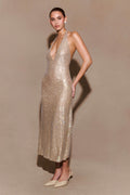 Diamante Halter Midi Dress - Nude