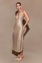 Diamante Halter Midi Dress - Nude
