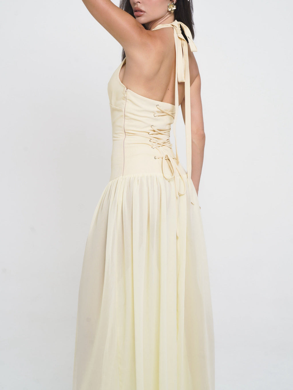 Starfish Halterneck Lace-up Deep V-neck Backless Maxi Dress