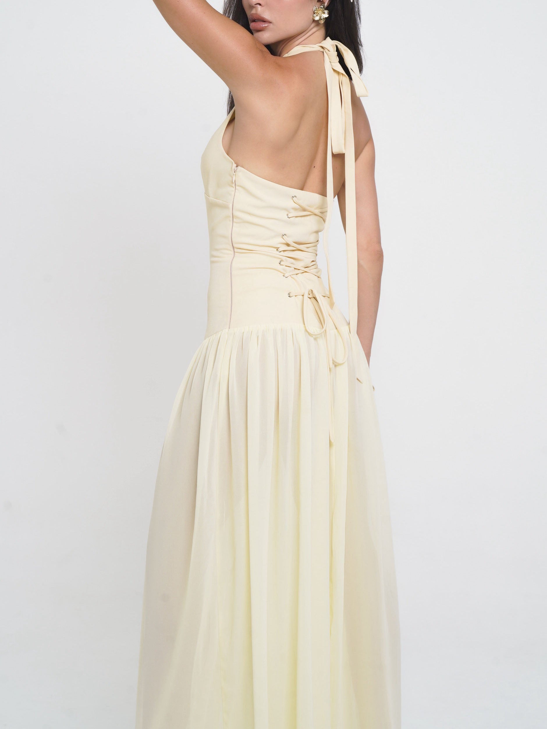 Starfish Halterneck Lace-up Deep V-neck Backless Maxi Dress