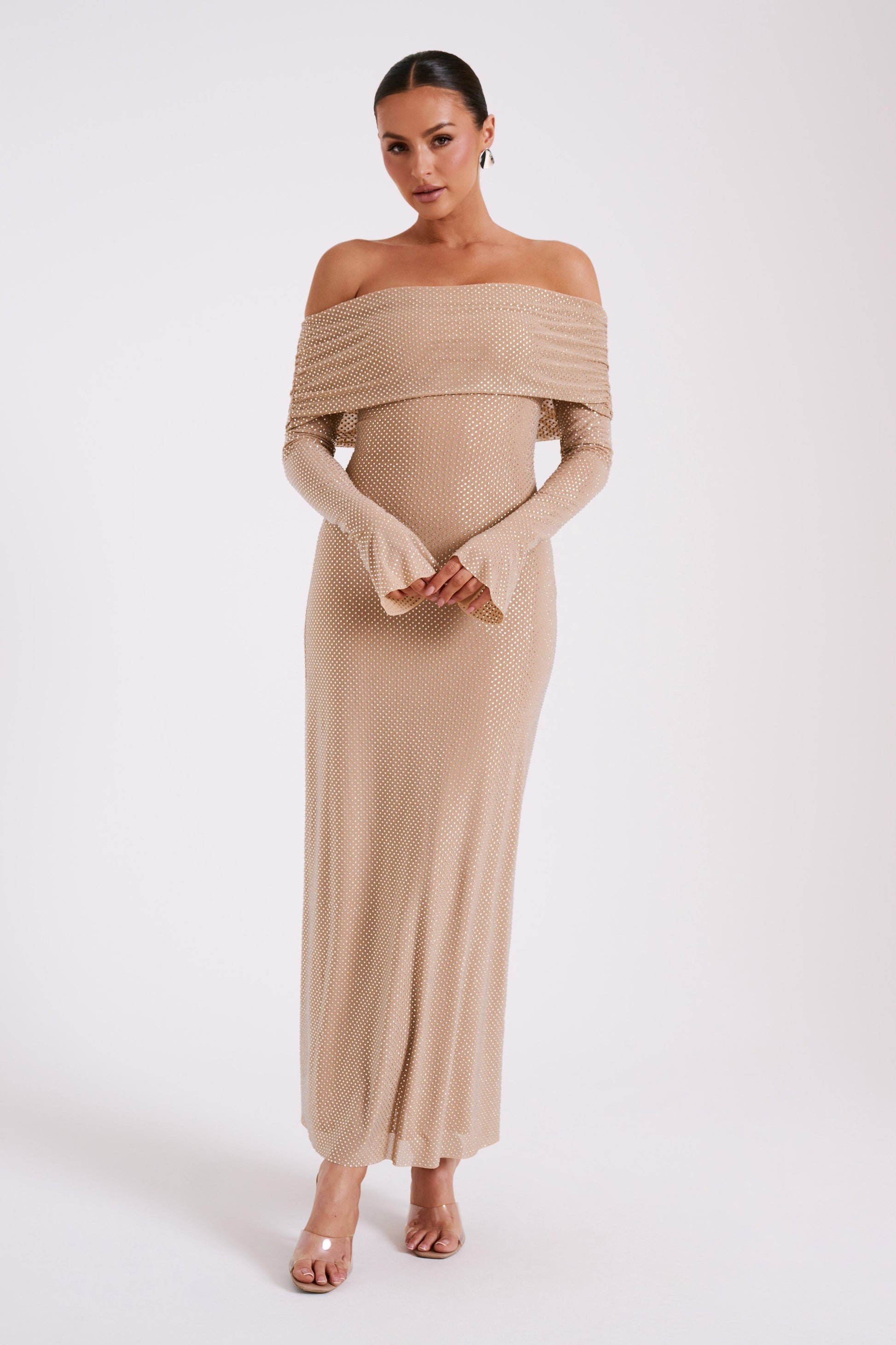 Off Shoulder Diamante Maxi Dress - Nude