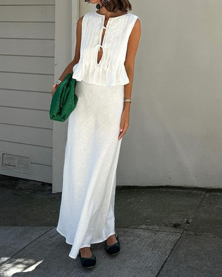 Cotton and Linen Sleeveless Tie-Strap Shirt Long Dress Set