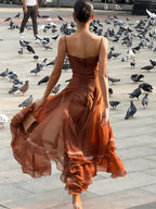 Caramel Chiffon Lace-Trim Midi Dress