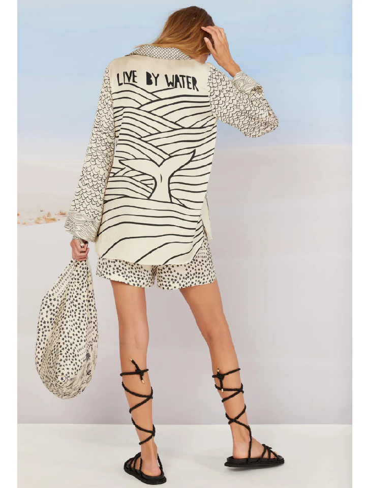 Satin Unique Print Tassle Shirt and Elastic Waist Shorts Set