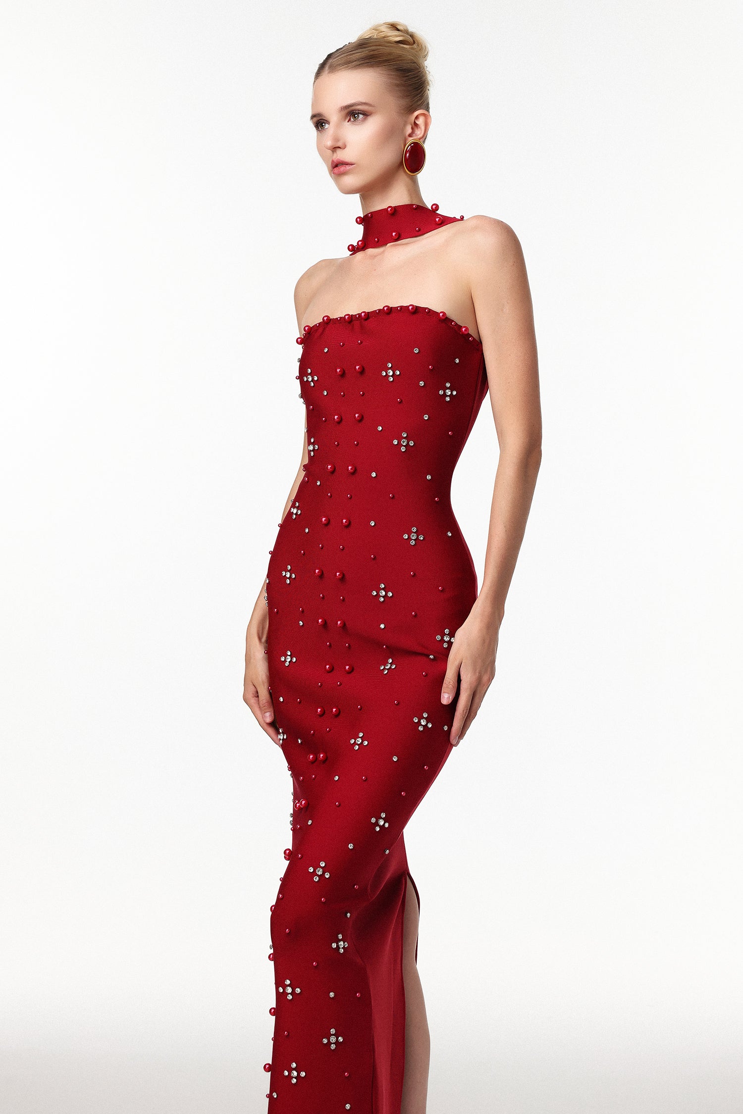 Sleeveless Pearl Wine Bandage Maxi Dress