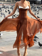 Caramel Chiffon Lace-Trim Midi Dress