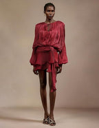 Long Sleeve Hollow Out Lacing Ruffle Tiered Dress - Wine